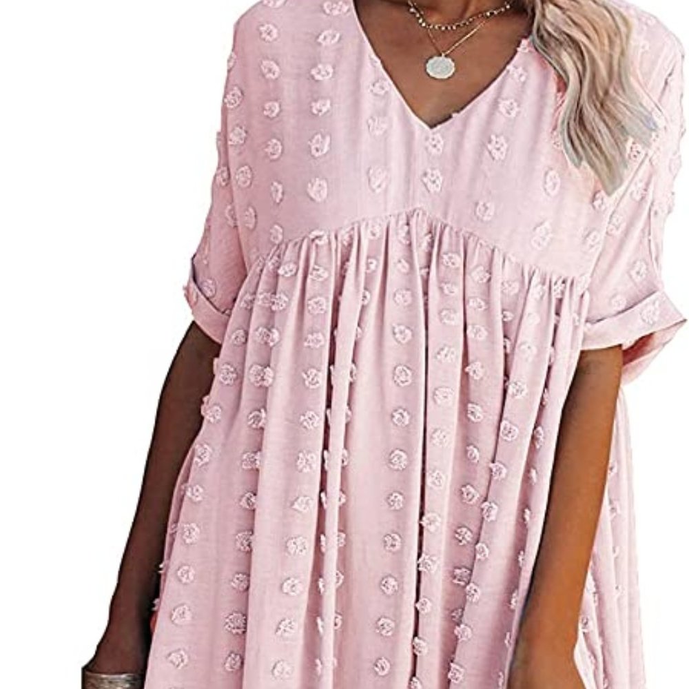 KIRUNDO Summer Women’s Short Sleeves Mini Dress Sexy V Neck Flowy Casual Dress